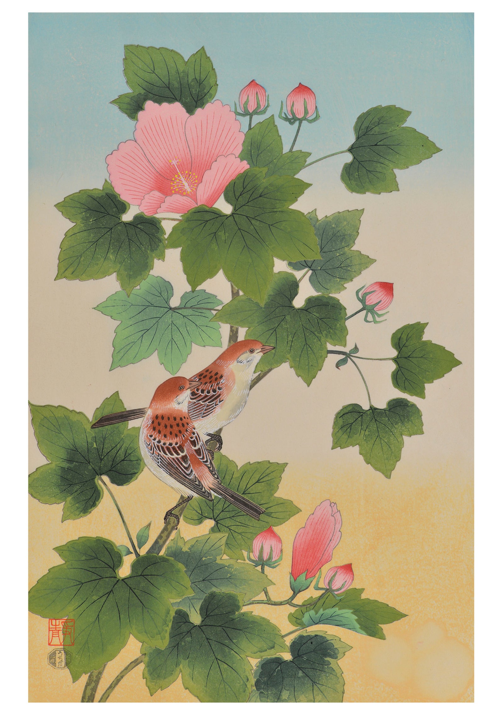 Ashikaga Shizuo: Sparrows and Cotton Rose Birthday Card_Front_Flat